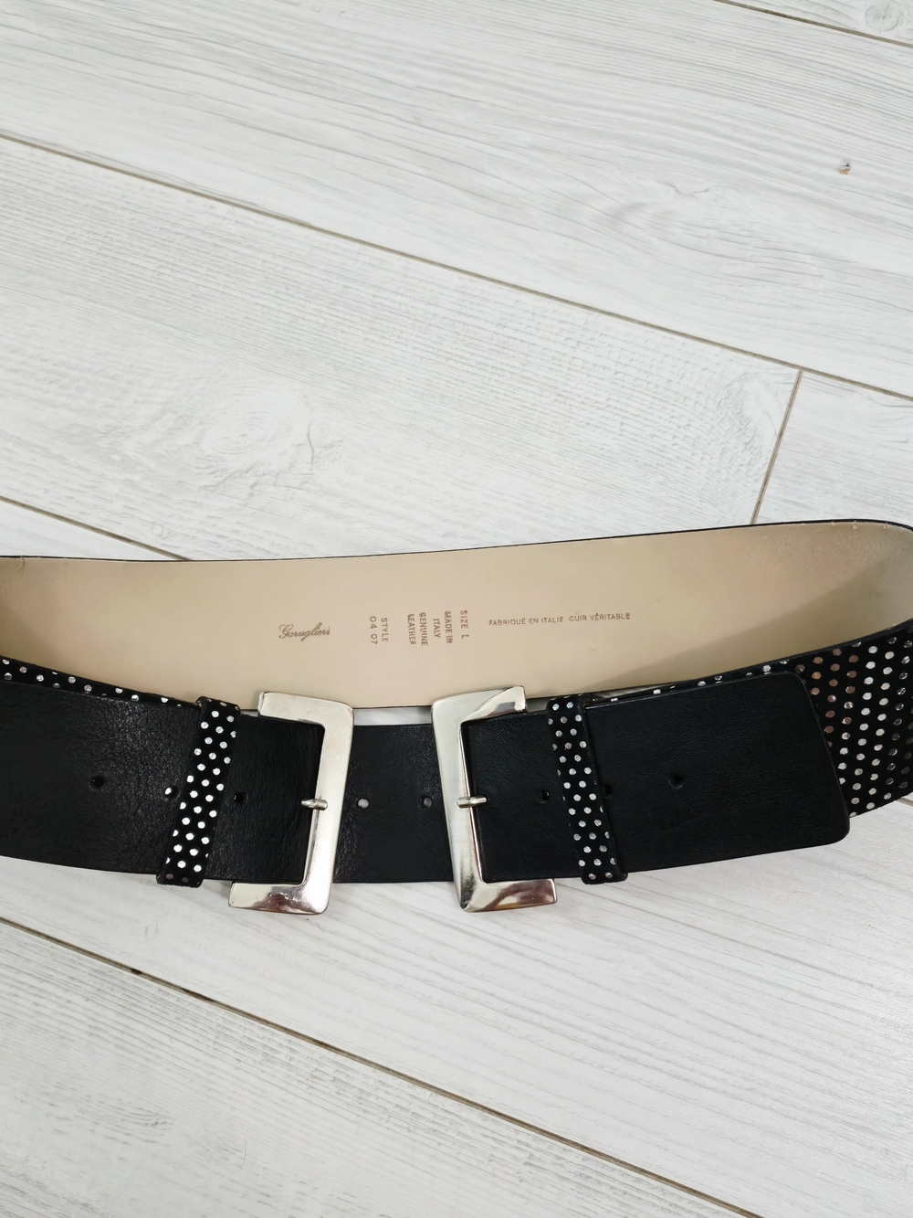 Garuglieri Italian Leather Black Studded Double-Buckle Waist Belt/ Silver Size L - Picture 2 of 12